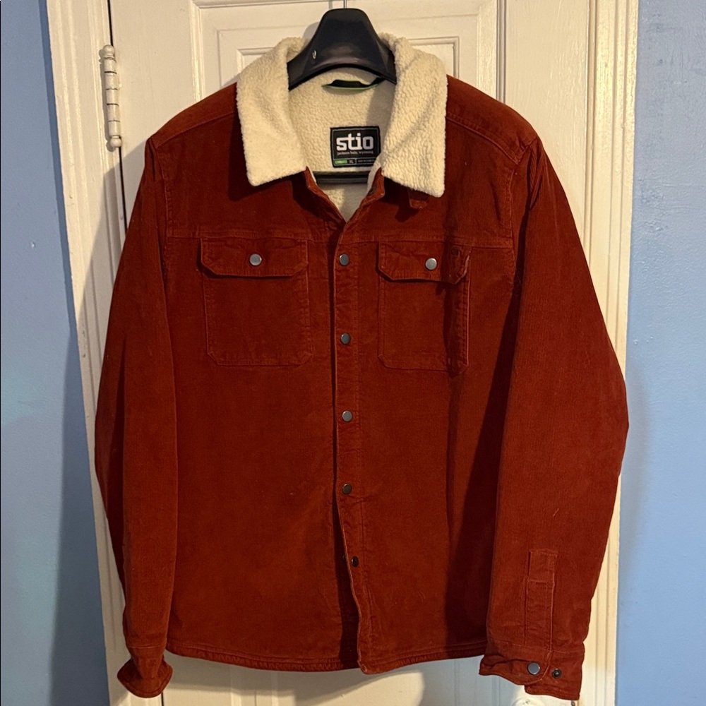 Stio Saratoga Shearling Jacket Men's Burnt Orange Jacket with Soft Cream Collar